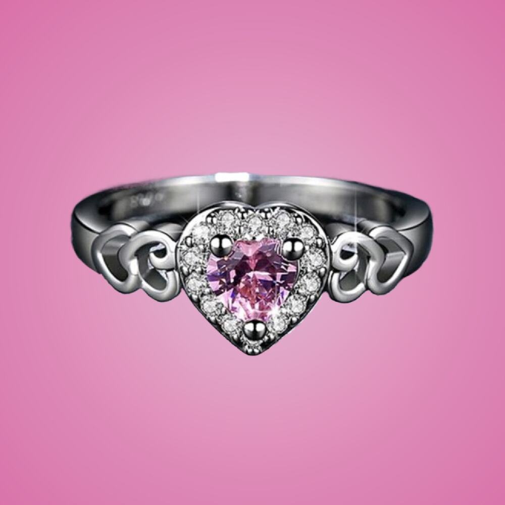 Heart Shaped with Pink Center Stone Fashion Ring Size 8 New With Gift Box